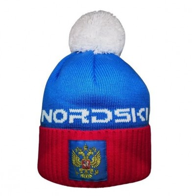 шапка NORDSKI FAN RUS NSV479879  голуб/красн. с помпоном  подкл.флис